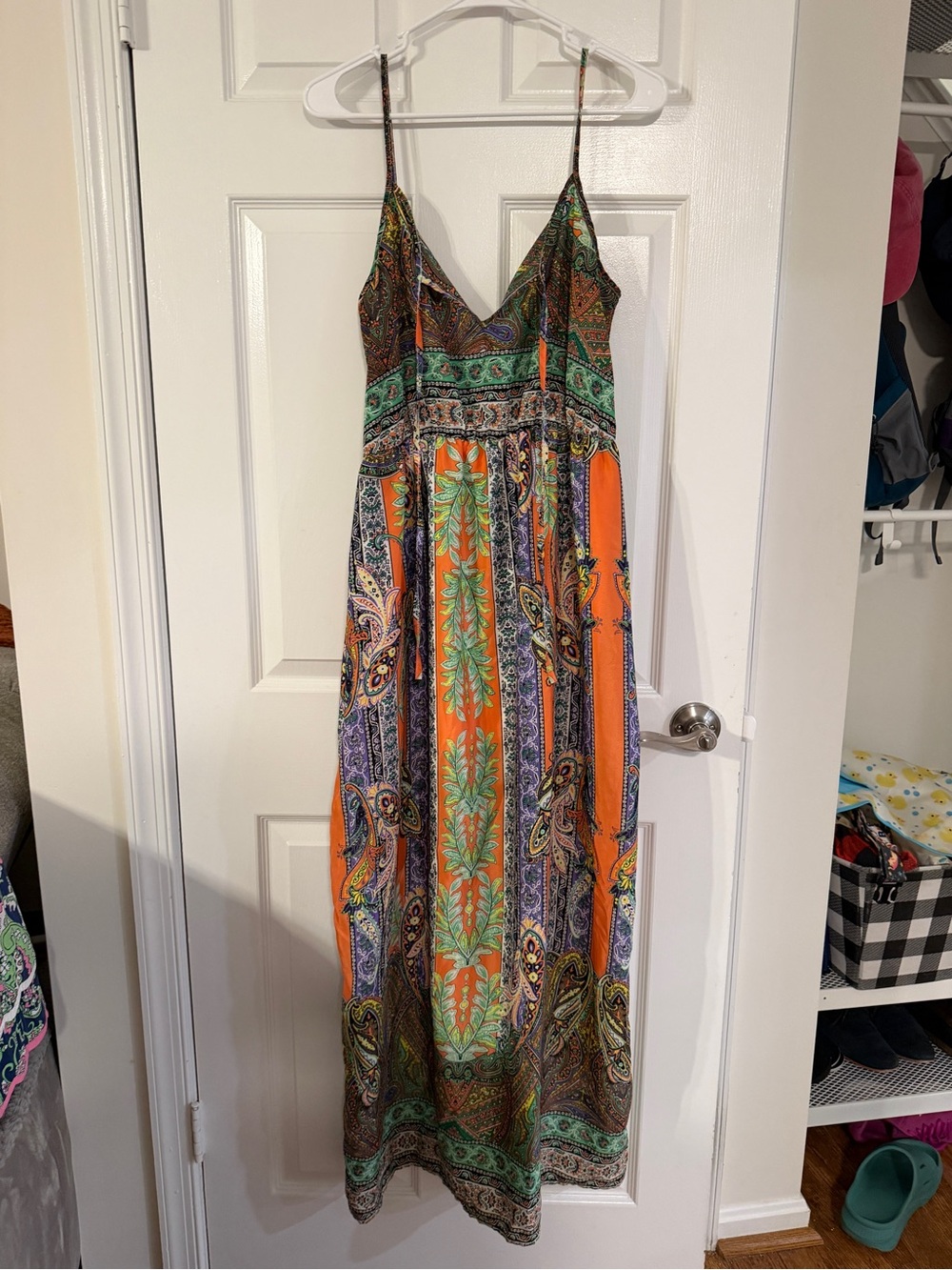 Spaghetti-Strap Maxi Dress in Orange and Green Paisley